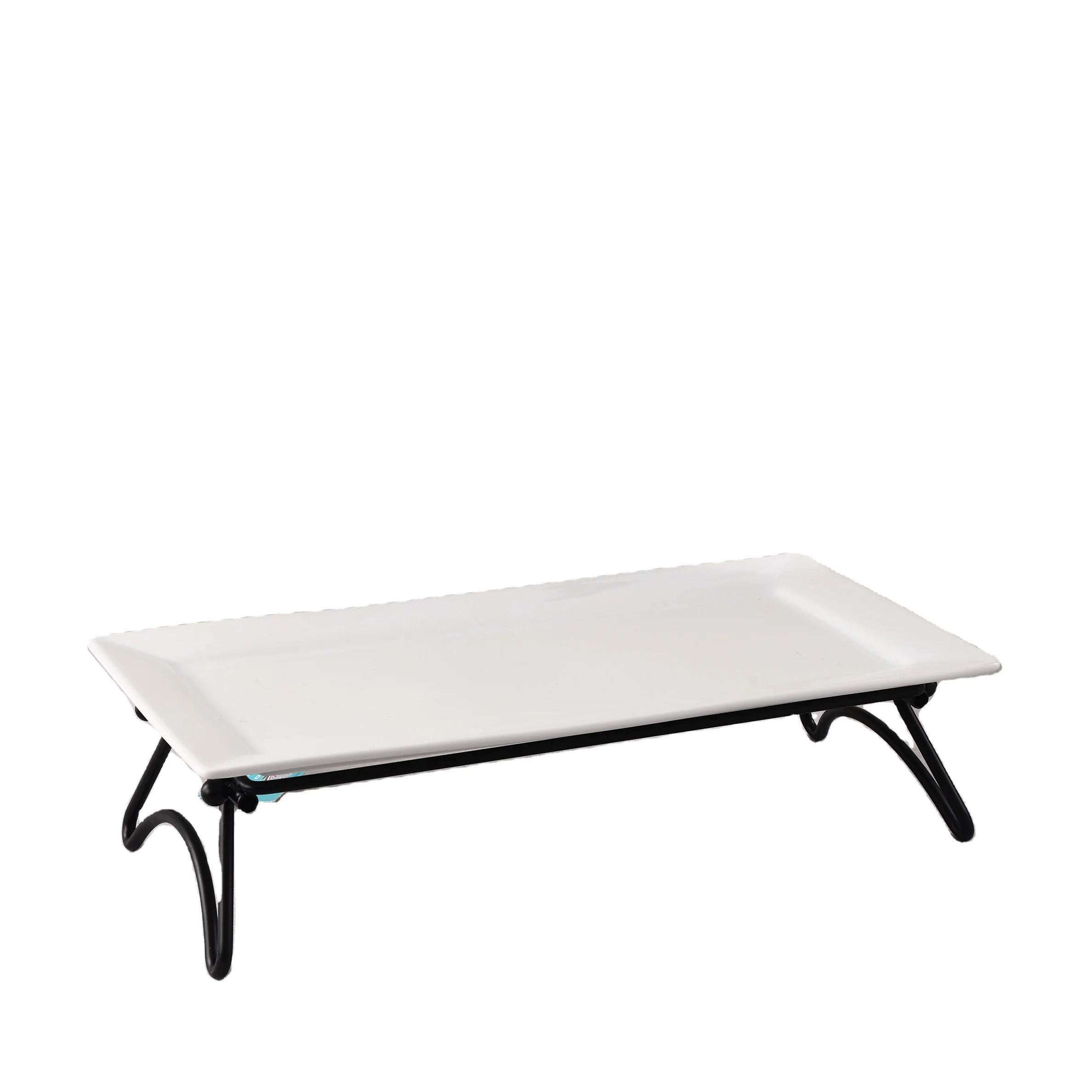White Rectangle Porcelain Ceramic Plates With Metal Display Stand For Food