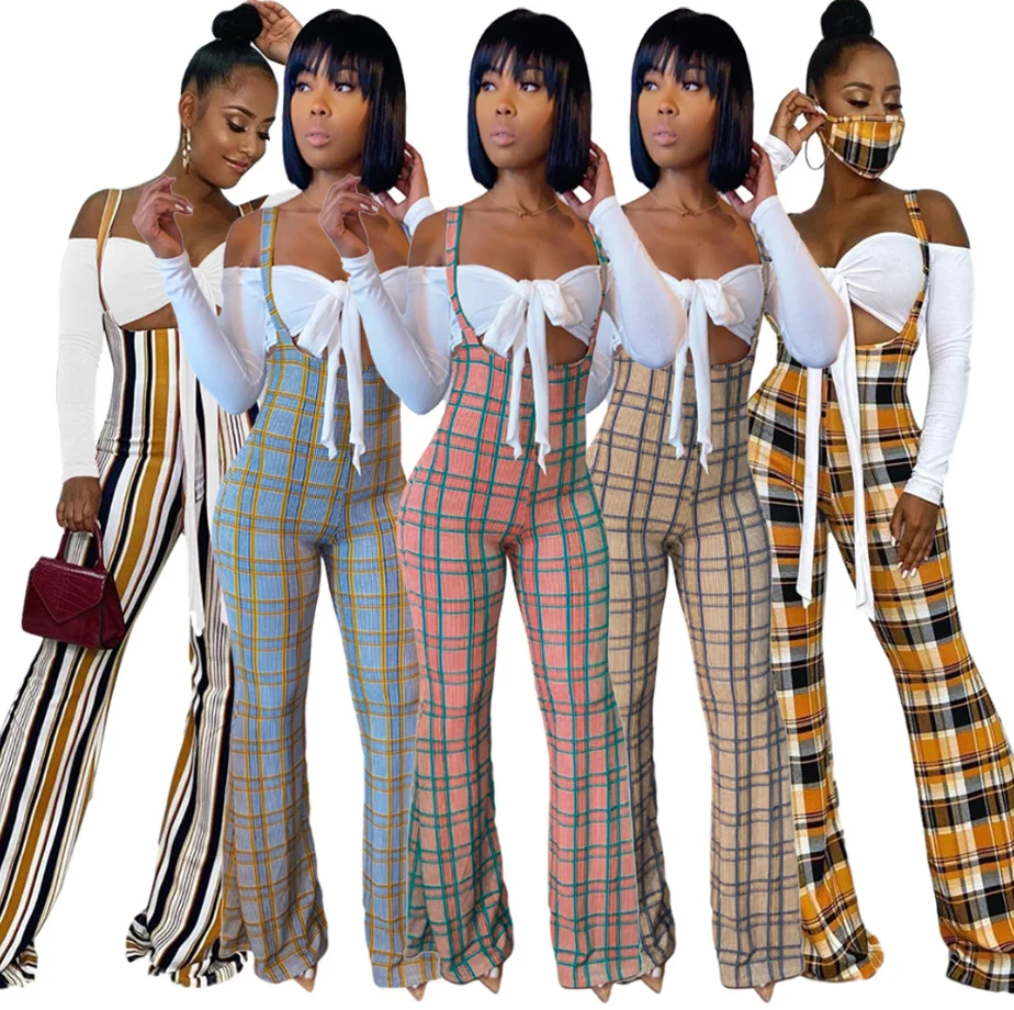 Hot Selling Plaid Suspender Pants Women With Whirts Two Piece Pants Set Women 2020 Winter Clothes