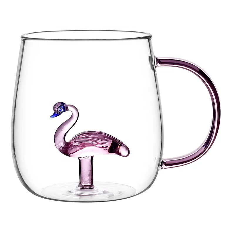 Creative design water glass cup with 3D pink swan rabbit plant inside for drinking coffee milk