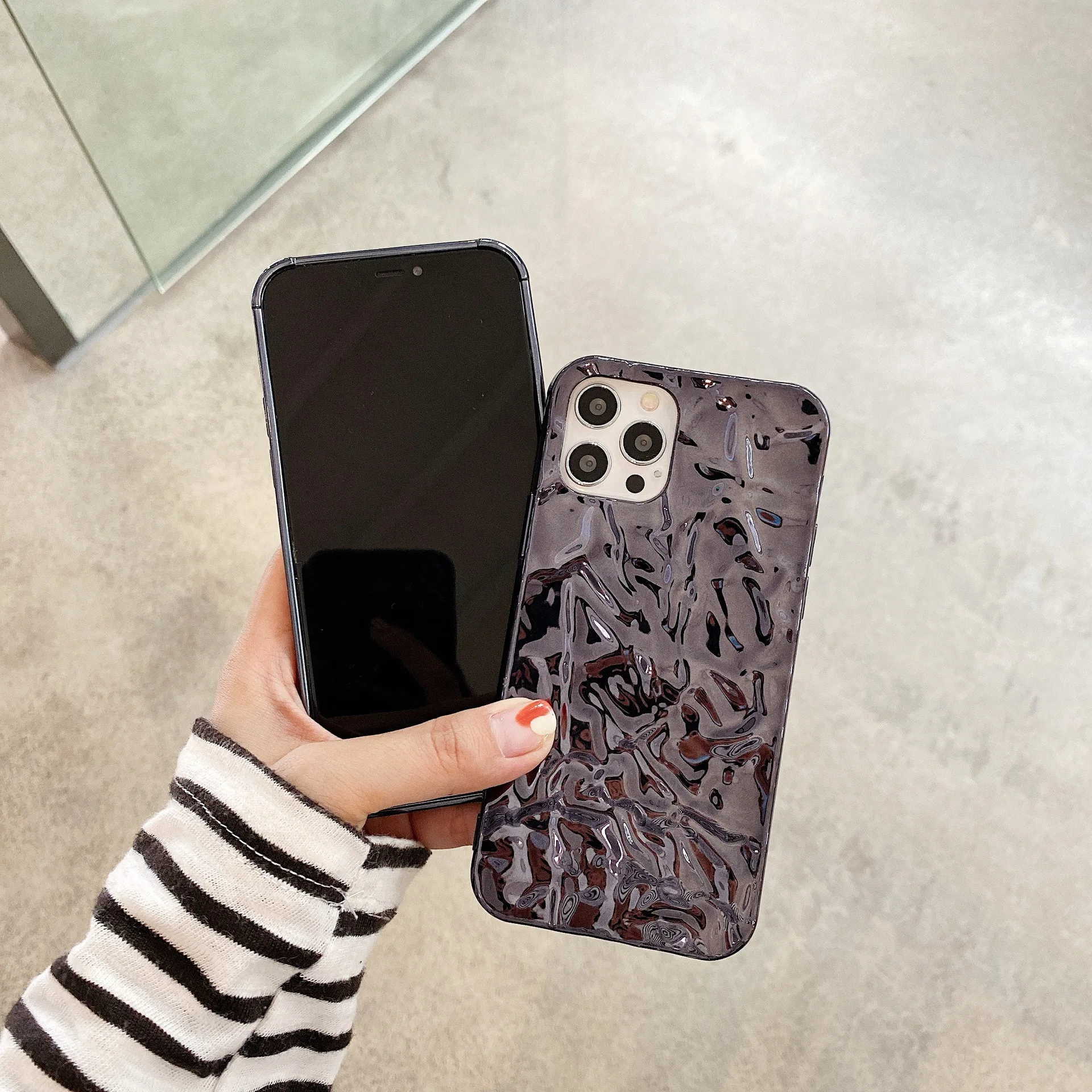 Luxury Fashion Silver Tin Paper Phone Case for iphone 14 13 11 12 Pro Max Water Ripple Liquid Metal Shockproof Soft Cover