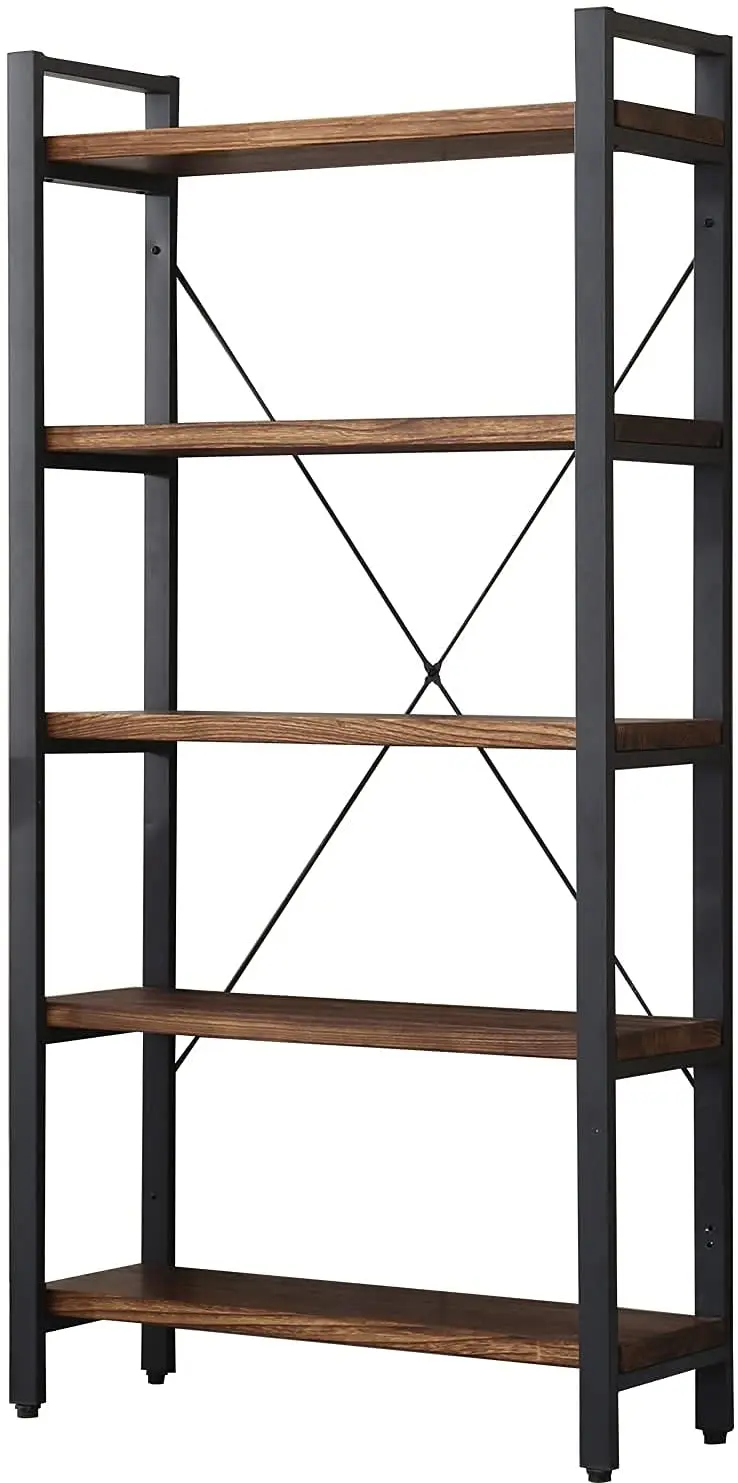 Solid Wood Metal Vintage Brown 5 Tier Bookshelf