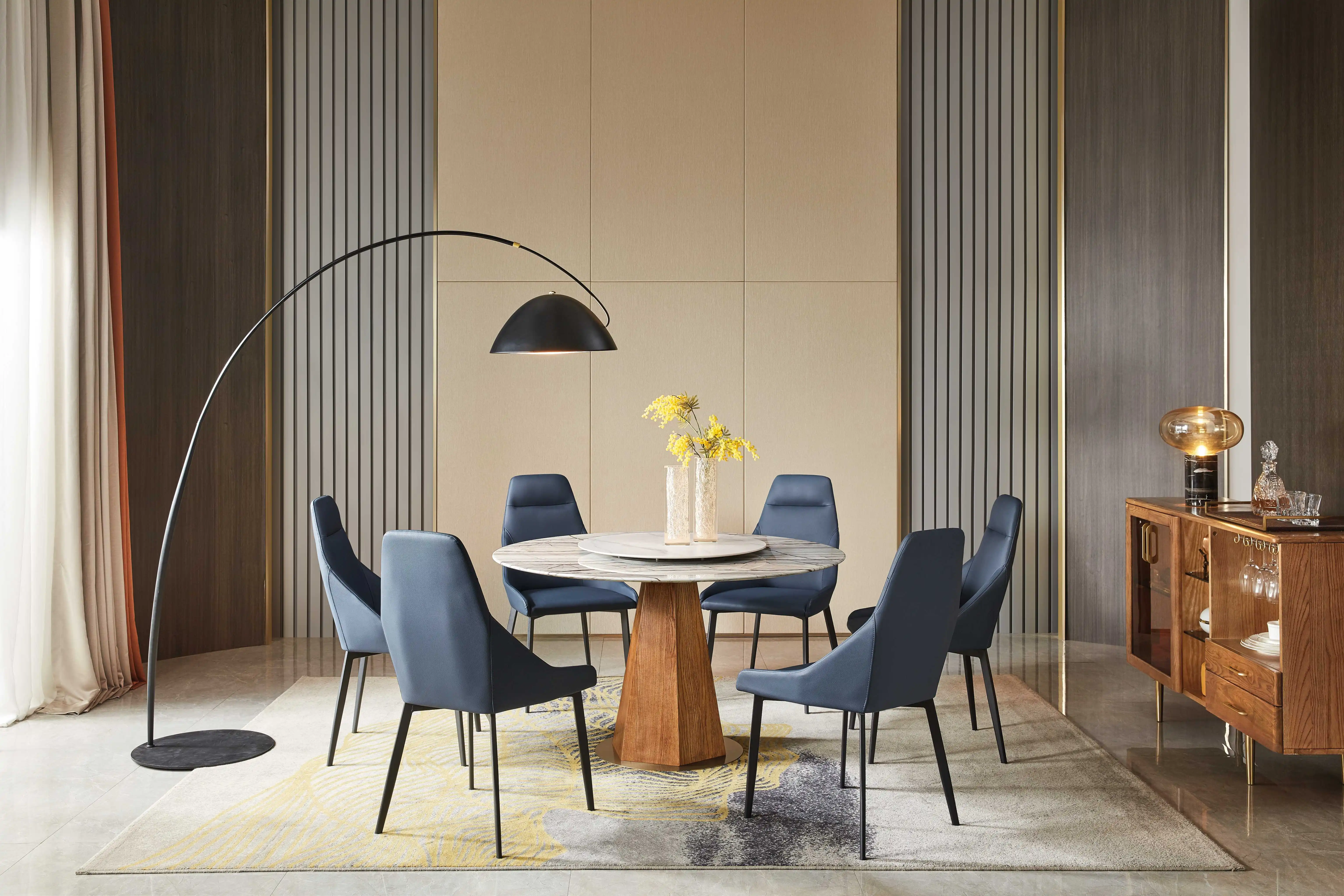 Guangdong Foshan Factory Marble Dining Table Round Rotating Dining Table and With A Wooden Foot With a Metal Base