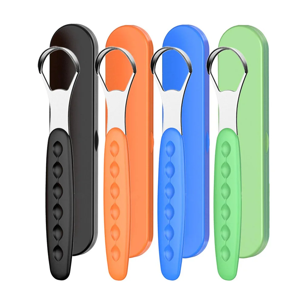 
amazon hot sales 2021 New Version Tongue Scraper Cleaner for Adults & Kids, Medical Grade Metal Tongue Brushes Set custom logo 