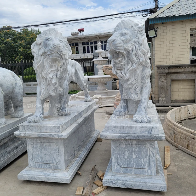 Large Size Outdoor Hand Carving Animal White Marble Sitting Lion Stone Statue Sculpture for Entrance