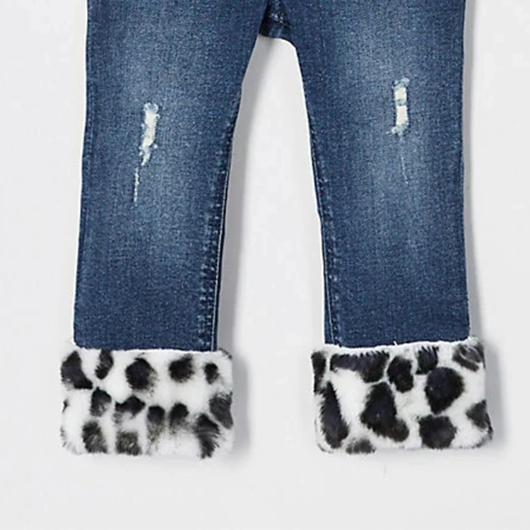 
Factory wholesale mini girls blue distressted faux fur hem denim jeans 