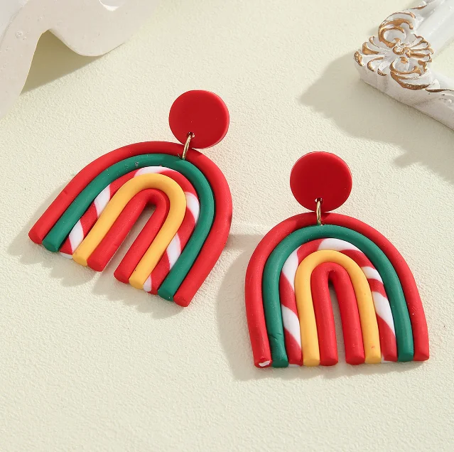 Popular Christmas handmade polymer clay soft ceramic earrings geometric rainbow earrings wholesale