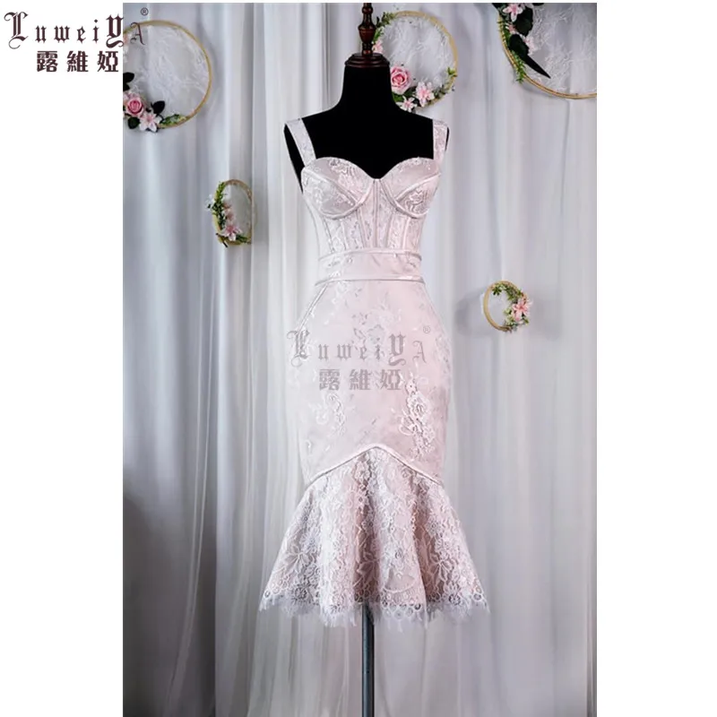 Mermaid Sling Tube Top Vestige Madrid DE Casamento Retro Fishtail Bridesmaid Wedding Dress Knee Length Lace Dress For Wedding