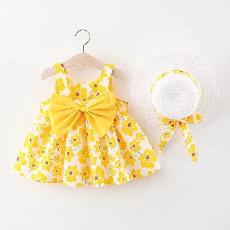 kids wholesale clothing multi print designs floral print baby girls big bow casual dresses infant clothes with free hat