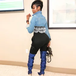 XLL 2021 s-3xl denim blue jeans outfits long sleeve creativity cake mesh slim fitted winter fall crop patchwork jacket women