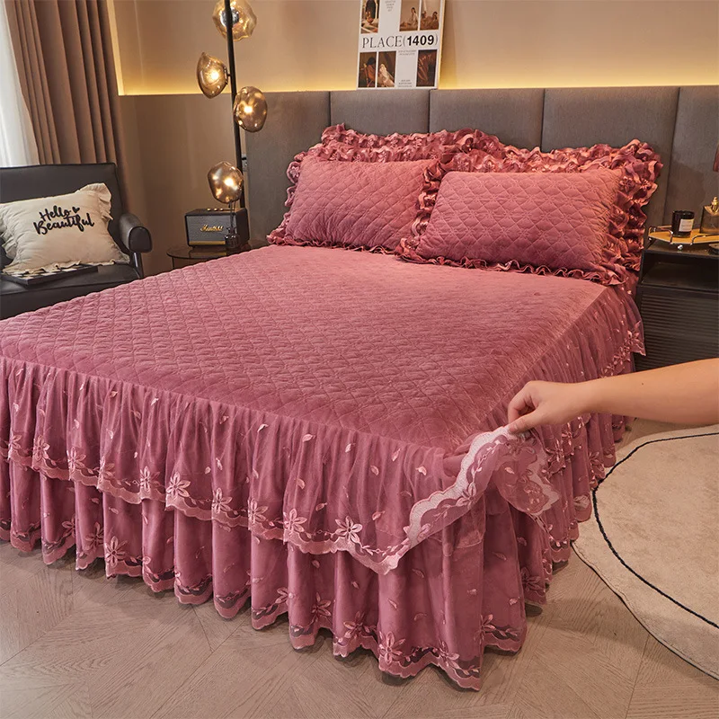 SP140 Luxury Europe Princess Bedding Bed Skirt Set Pillowcases Velvet Thick Warm Lace Bed Sheets Soft Bed Spreads