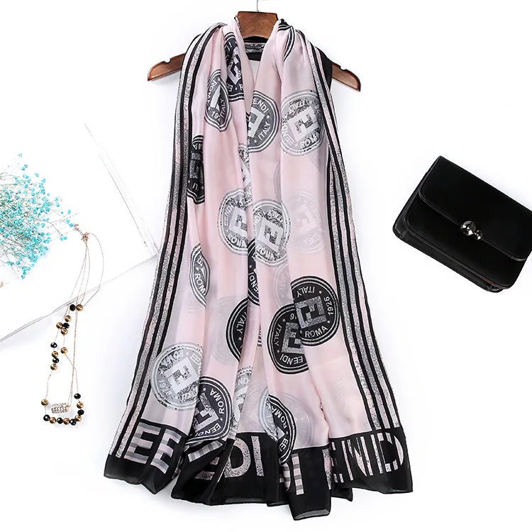 Simple Temperament Sunscreen Women Letter Circle Pattern Print Shawl Scarf New Silk Stain Digital Print Scarves In Bulk