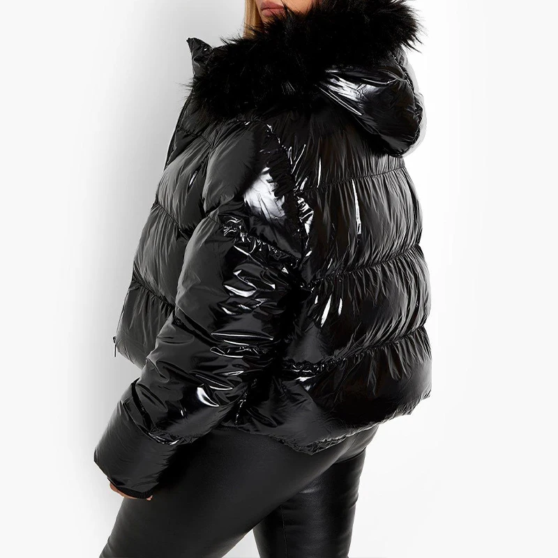 2022 Designer Hooded Oversized Oem Ladies Winter Bubble Custom Logo Plus Size Crop Faux Fur Winter Shiny Puffer Women Jacket