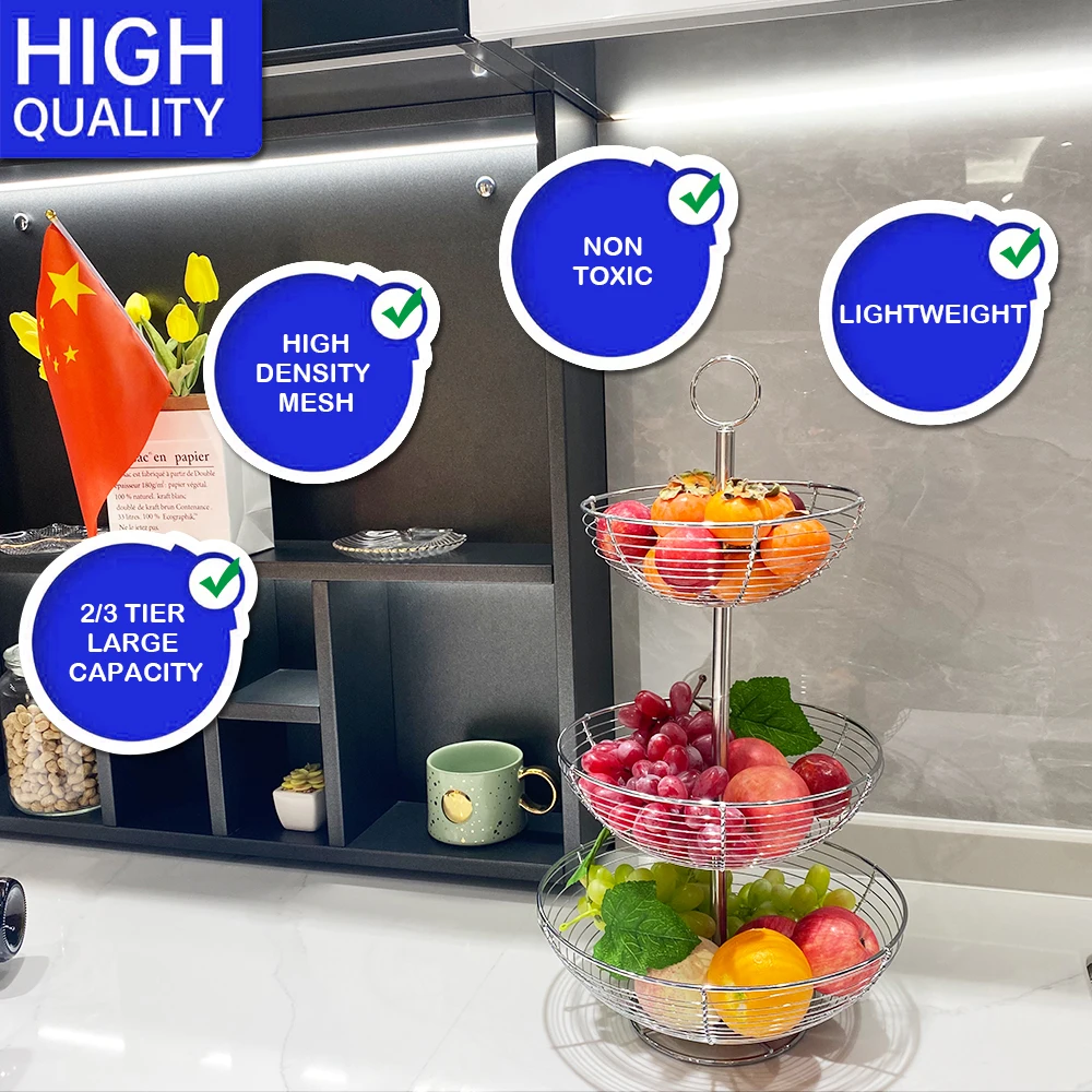 Modern Detachable Metal Wire Fruit Basket 3 Tiers Chrome Wire Metal Fruit Bowl For Kitchen Counter Organizer