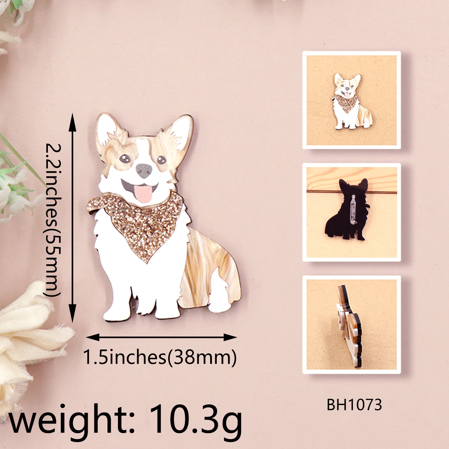 MD155BH1073 New Arrival Corgi Dog Brooch with Safety Pin Cute Laser Cut Acrylic Handmade Jewelry for Wedding Gift Accessories