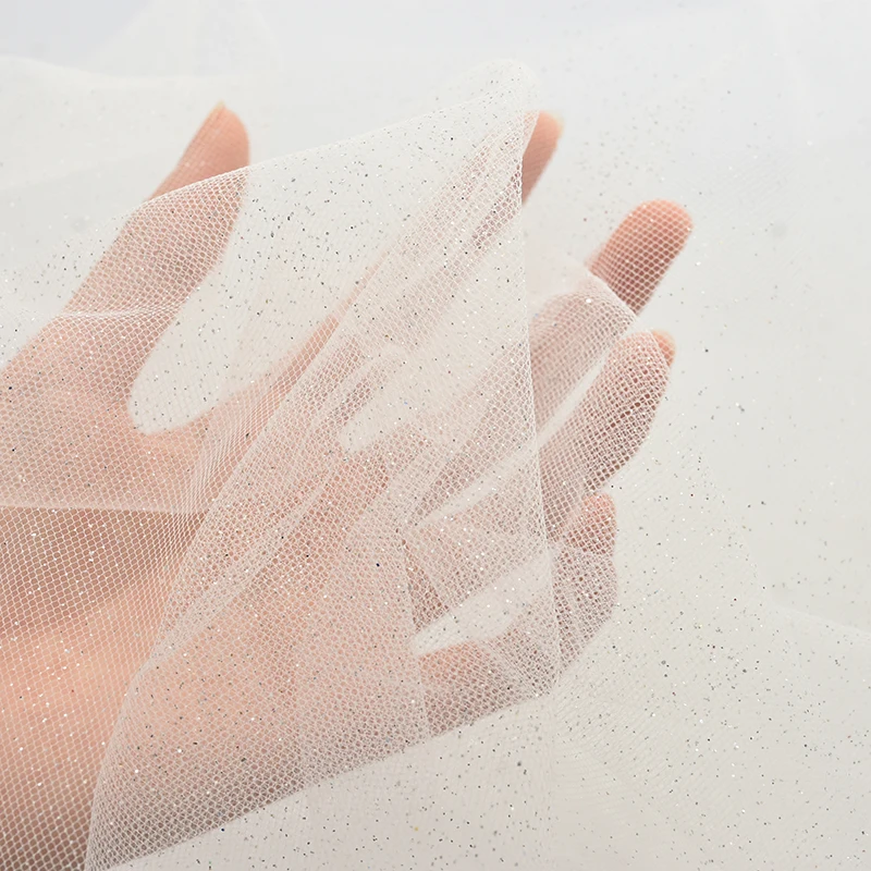 Glitter Lace Fabric For Wedding Dress Spray Silvery Powder Shinning Mesh Tulle Fabric For Dresses White Bridal Glitter Fabric