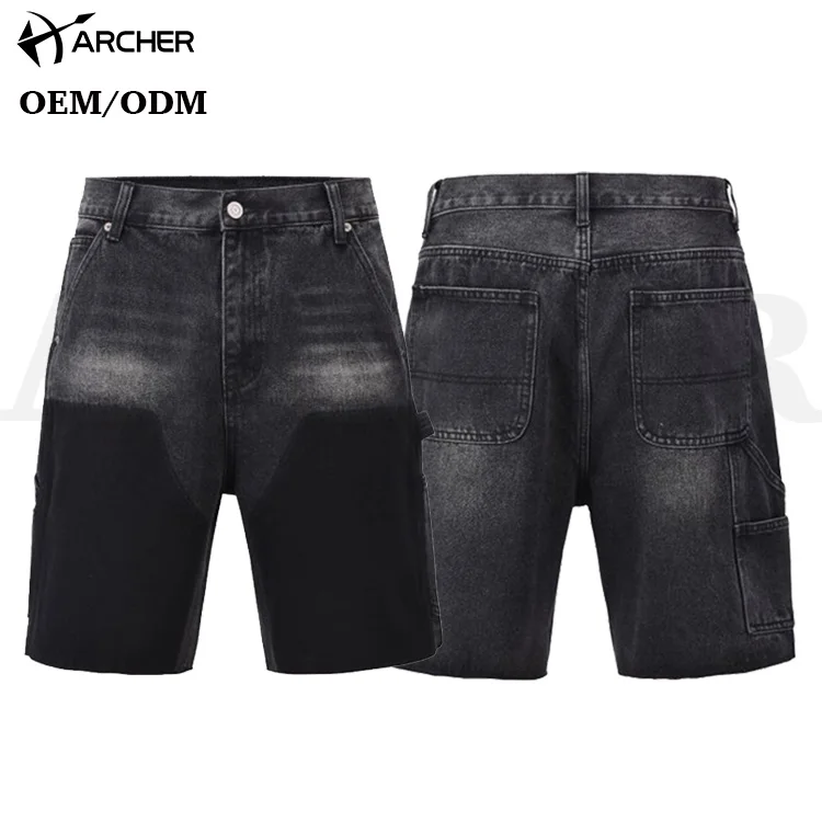 Archer Vintage Washed 100%cotton Denim Cargo Shorts Custom logo Print Double Knee Jean Shorts Casual Baggy Fit Jorts for Men