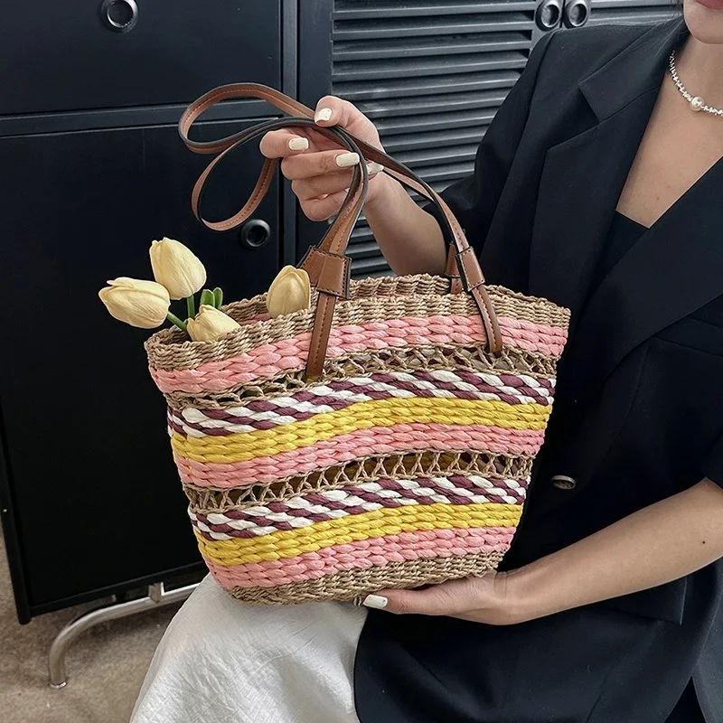 Eco Friendly Rainbow Colorful Stripe Straw Bag Summer Beach Handmade Woven Raffia Tote Bag  Rattan Bag Bohemian Basket