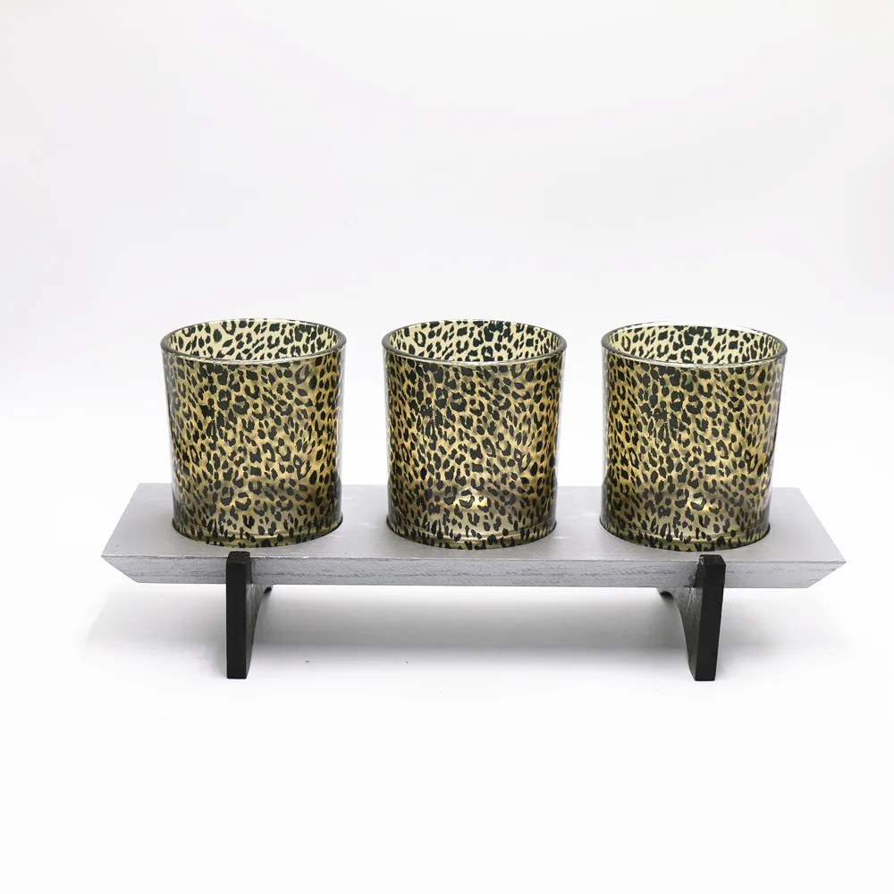 new design glass candle holder with wooden stand