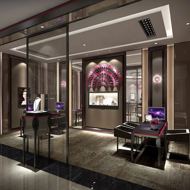 Latest Jewelry Shop Interior Design Display Cabinet Custom Glass Gold Metal Jewelry Mirror Cabinet Jewellery Showcase Display