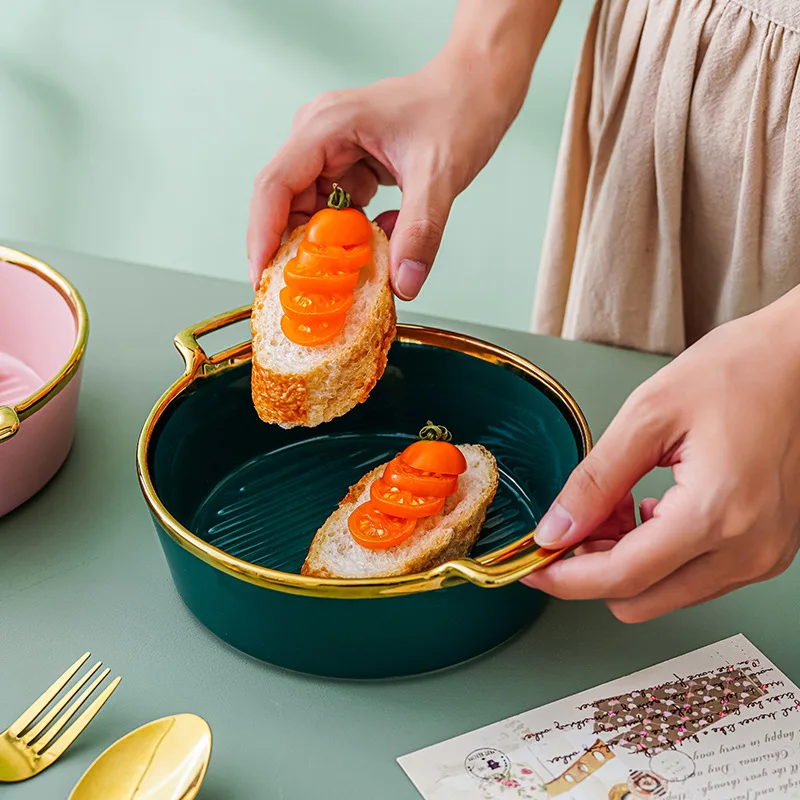 Nordic Luxury Ceramic Double Ear Bowl Modern Design Tableware for Instant Noodles Rice Soup Fruit Salad Big Tureen Plant Pattern
