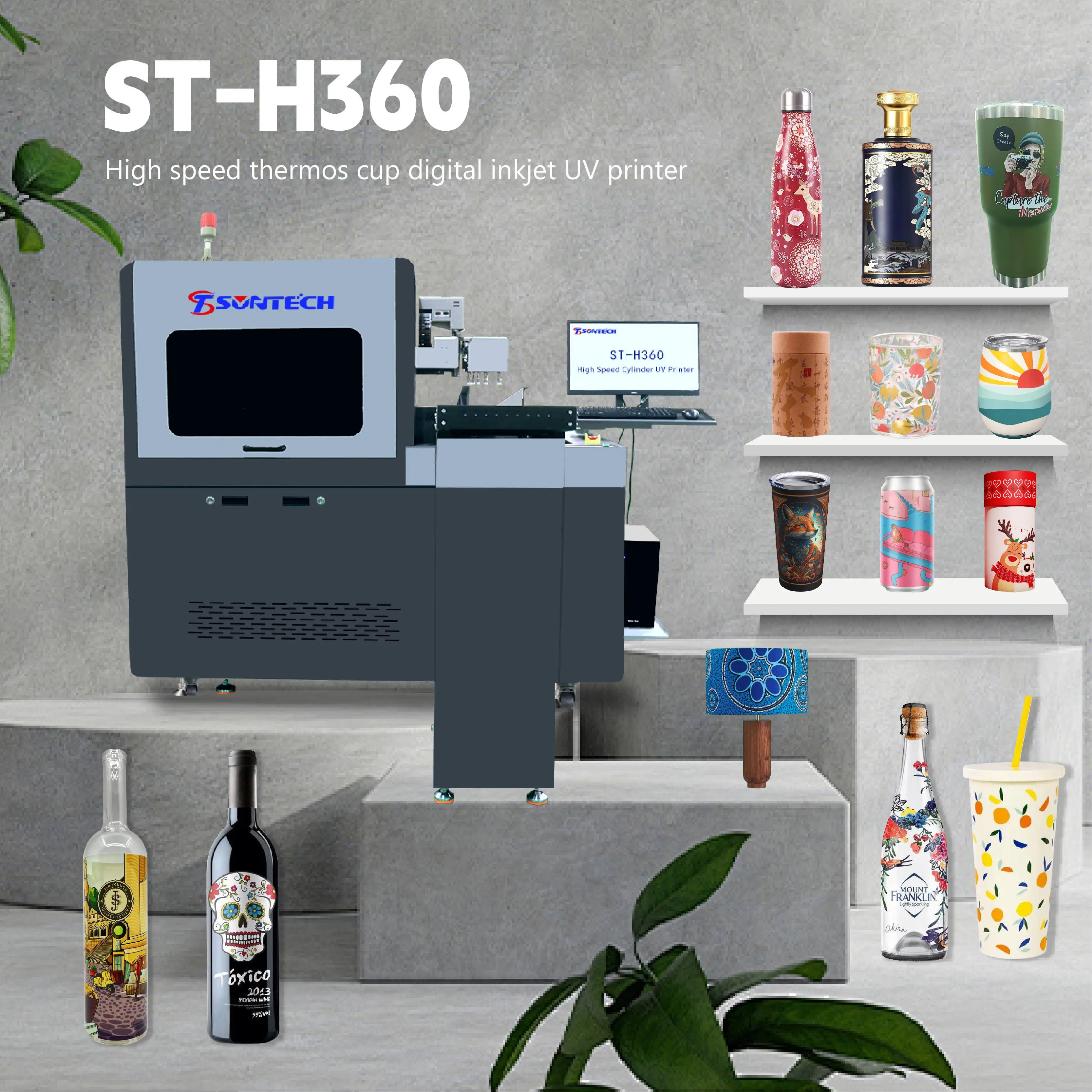 Suntech supply 360roller UV color inkjet machine wine bottle car cup Stainless steel straw cylindrical cup Cone UV printer cheap