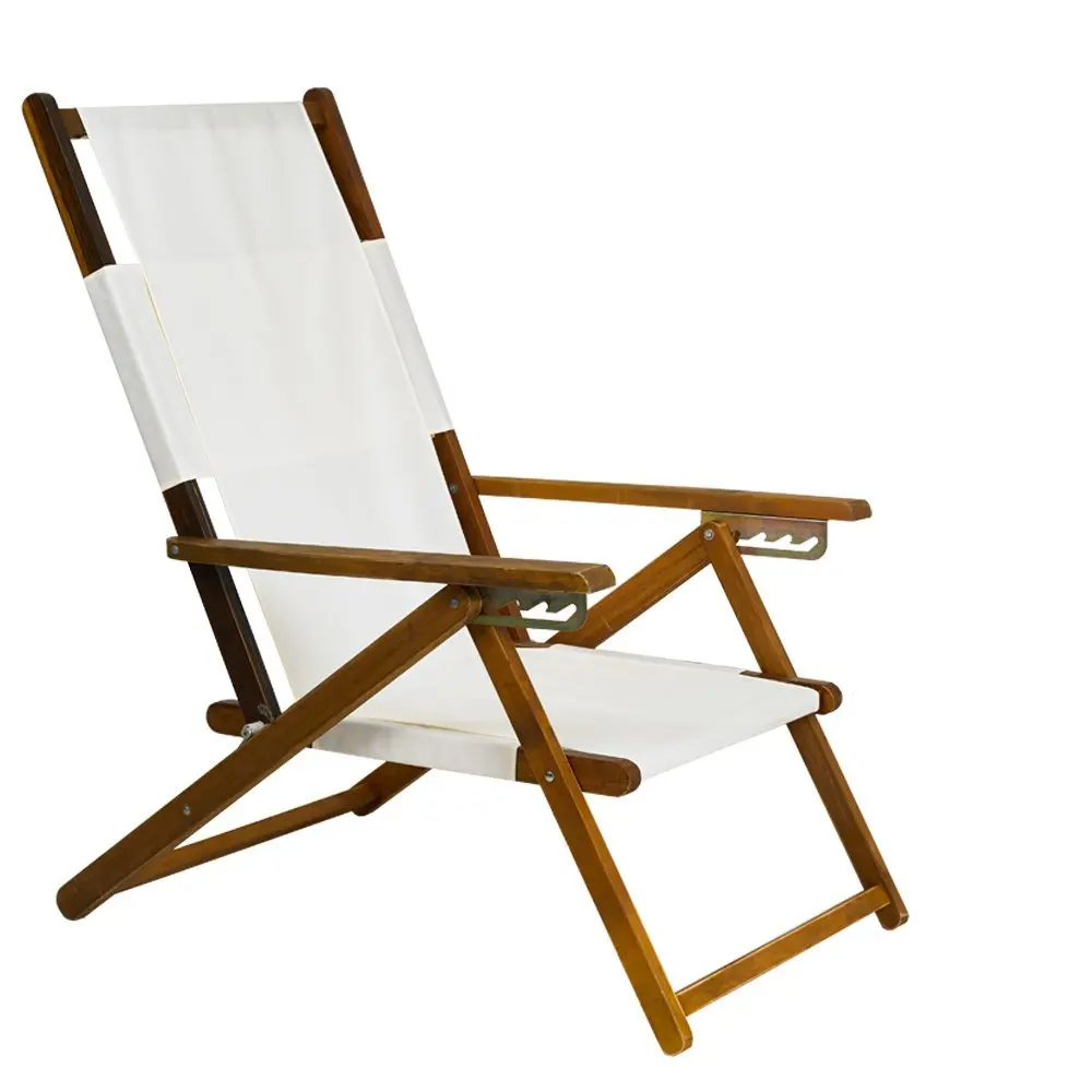 White Fabric Wood Folding Beach Chair with Carry Strap perfect for Deck Patio Lawn and Camping