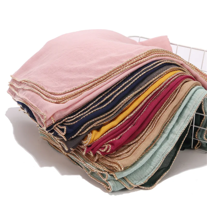 Luxury Gold Beads Edge Scarf Women Golden Ball Chain Shawl Plain Maxi Viscose Cotton Scarves Arab Hijab Muslim Wraps