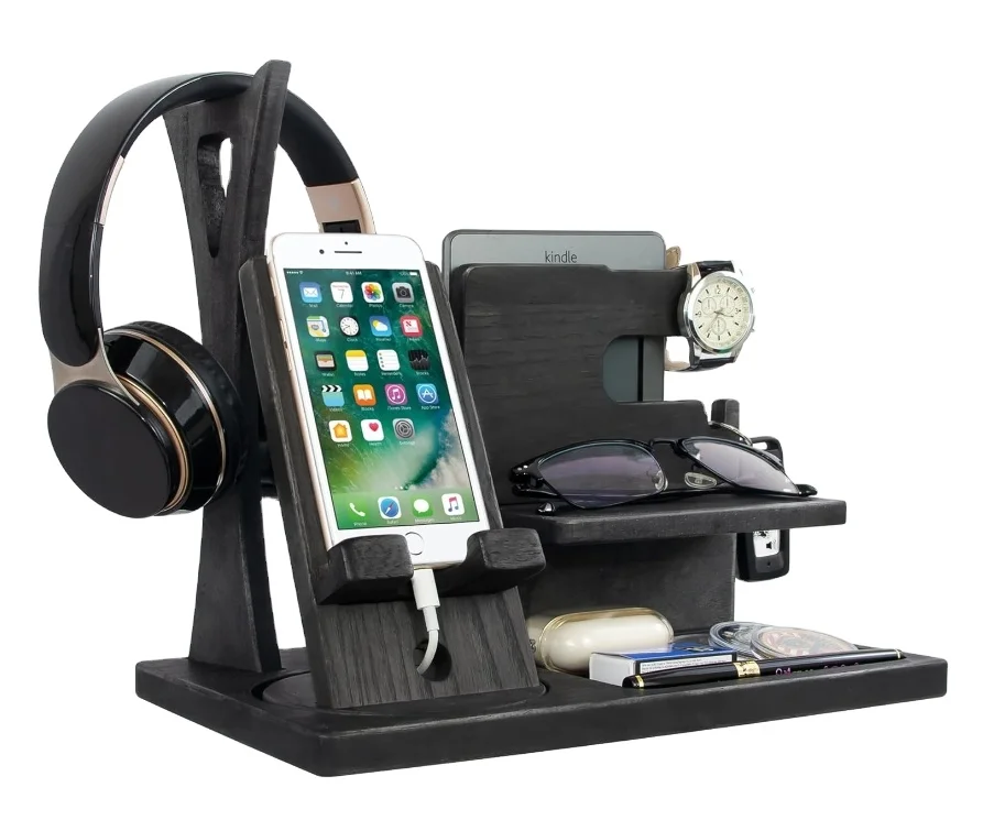 Handmade Desk Organizer with Headphone Stand, Rotating Phone Stand, Accessories Organizer