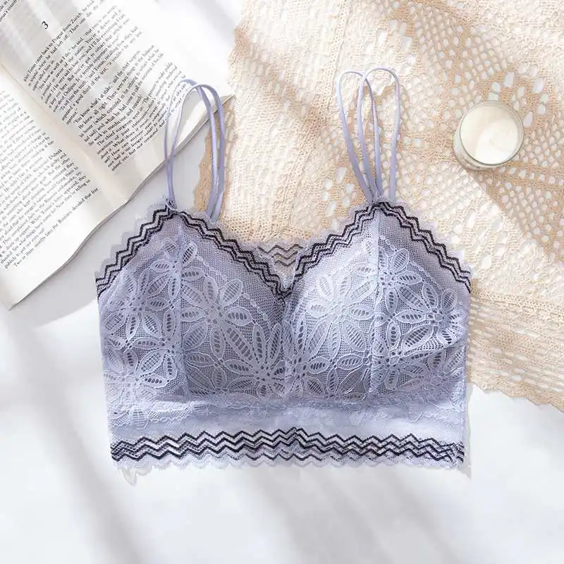 Ladies Transparent Lace Wrap Chest Bralette Sexy Double Thin Straps Ladies Wireless Removable Padded Tube Top Bras