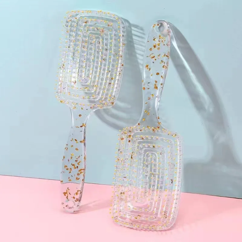 Personalized Minimalist Hairdressing Comb Transparent Hot Comb Glittering Powder Hollow Rib Elastic Nylon Metal Bristle Custom