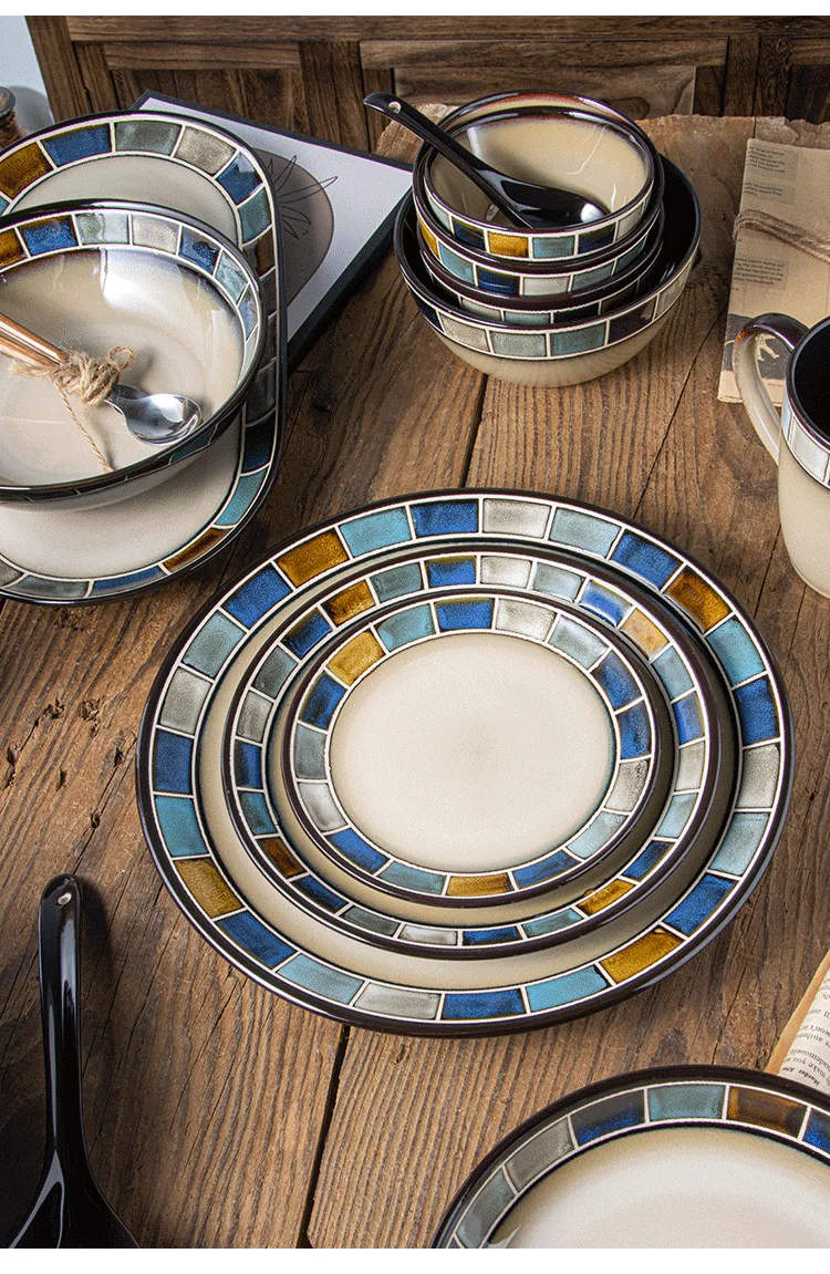 Underglaze blue plaid ceramic tableware set porcelain Hand painted Salad bowl dish Rice bowl steak plate fish