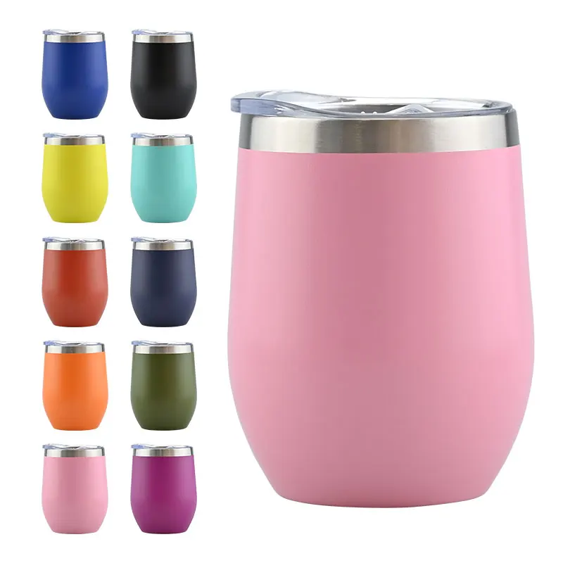 Custom logo 12 oz powder coated wine tumbler 12oz coffee mug stainless steel cups with sliding lid