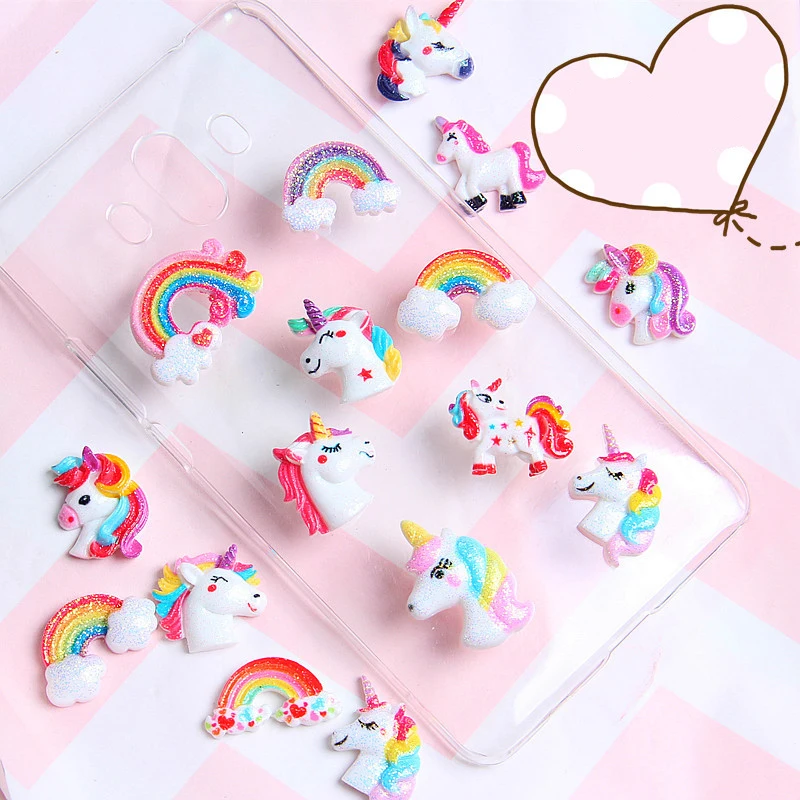 
Free Shipping Glitter Unicorn Rainbow Flat Back Resin Cabochons Ornament Cell Phone Decoration Scrapbooking Resin Embellishments 