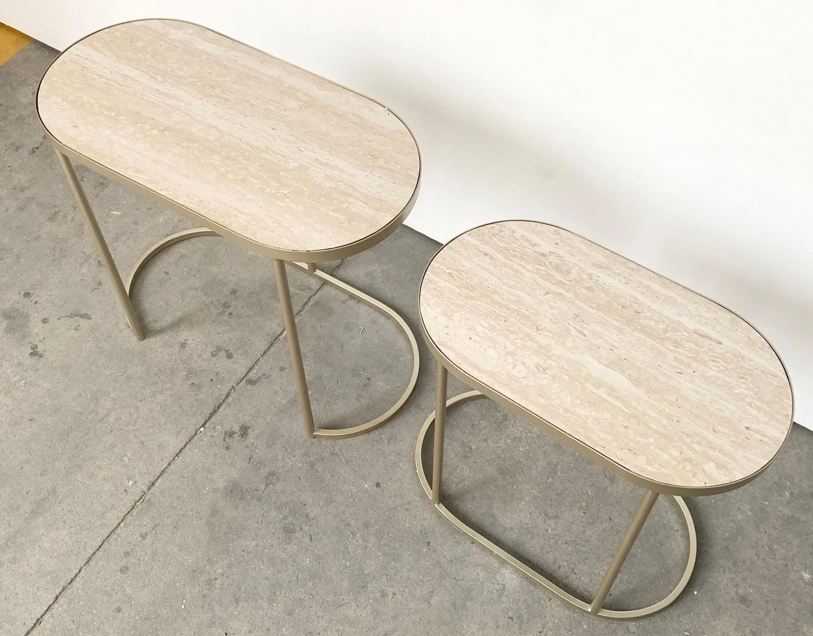 Modern set of 2  pill metal nesting side table with travertine paper top