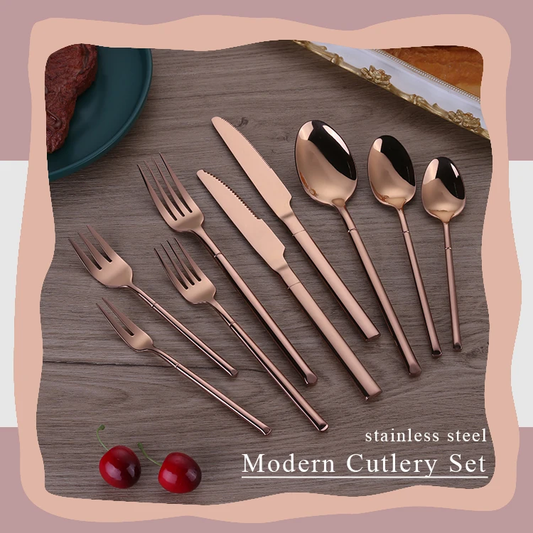 Reusable Wholesale Copper Cutlery Rose Gold Shiny Bronze Stainless Steel Flatware Sets