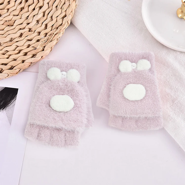 Convertible Flap Cover Kids Knitted Warm Faux Mink Fur Fingerless Gloves