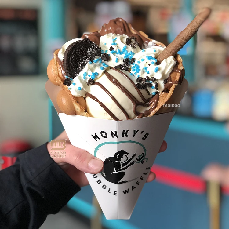 Custom Design Bubble Waffle Paper Cone Print Bubble Waffle Ice Cream Cones Paper Box Takeaway Food Packaging Waffle Paper Cone