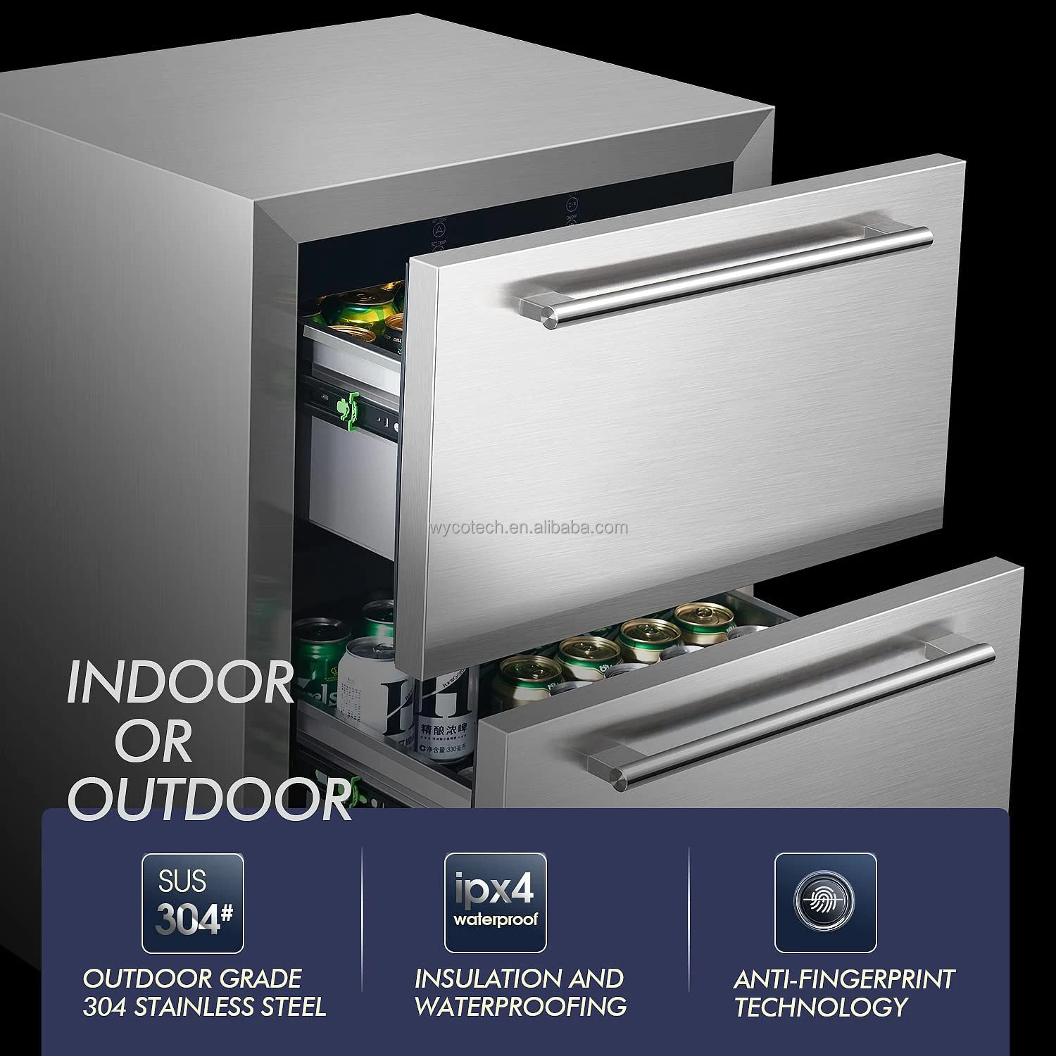 24 Inch 154 cans Stainless Steel 304 Outdoor Drawer Refrigerator Built in Outdoor Beverage Cooler Indoor Drawer Beverage Fridge