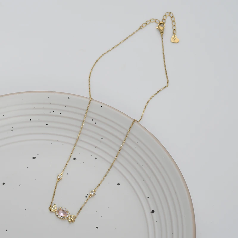 xl63718 Genuine Gold Electroplated Zircon Set Clavicle Chain, Sweet and Fashionable Pink Zircon Candy Necklace for Women