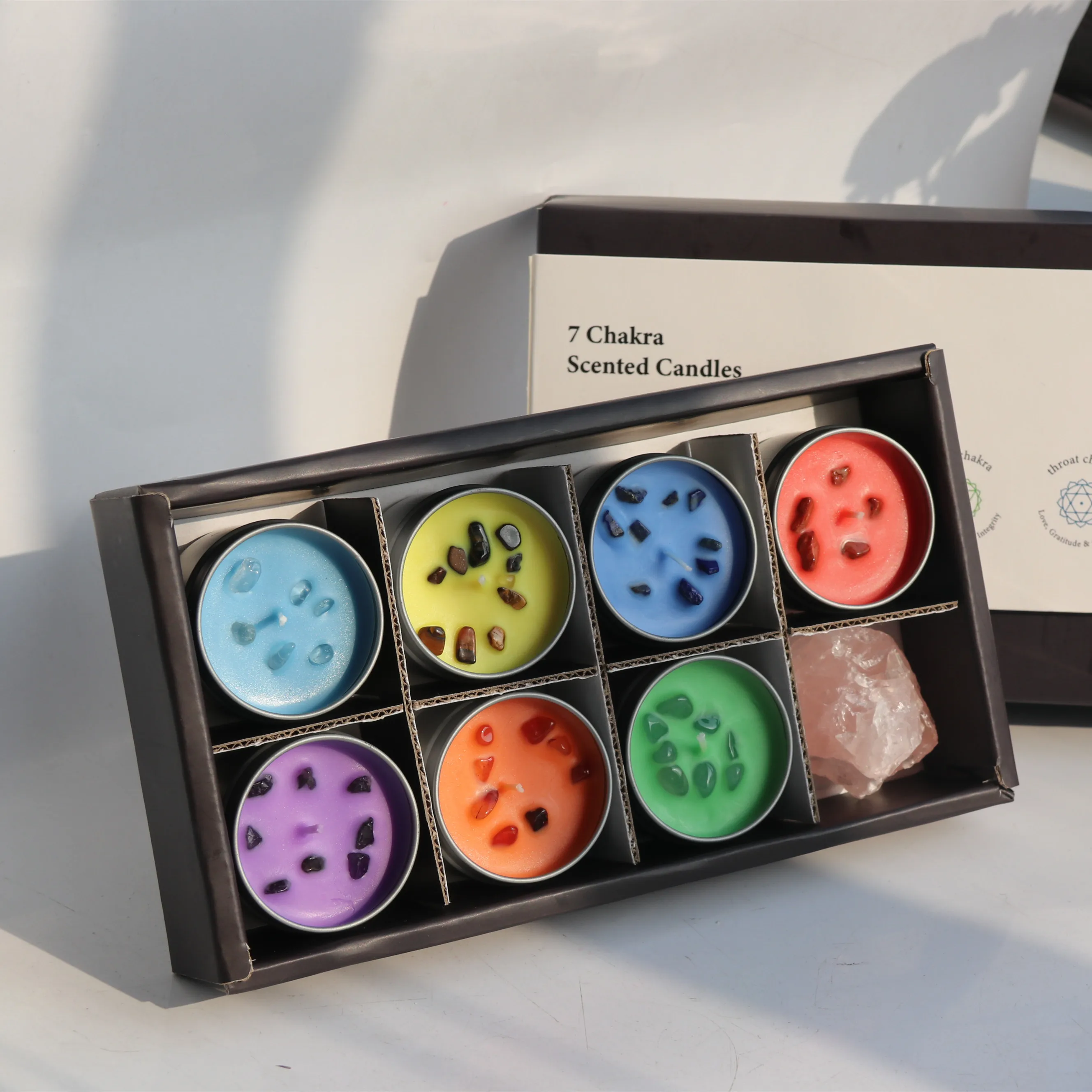 CH Hot Sale 7 Chakra Candles (Set of 7) with Natural Crystals & Mala Beads for Meditation Healing Scented Candles