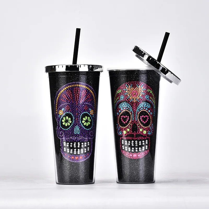 Wideal Amazon 16oz Plastic Tumbler Cups with Lid and Straw Mug Reusable Tumbler Clear Acrylic Halloween skulls  Skinny Tumbler
