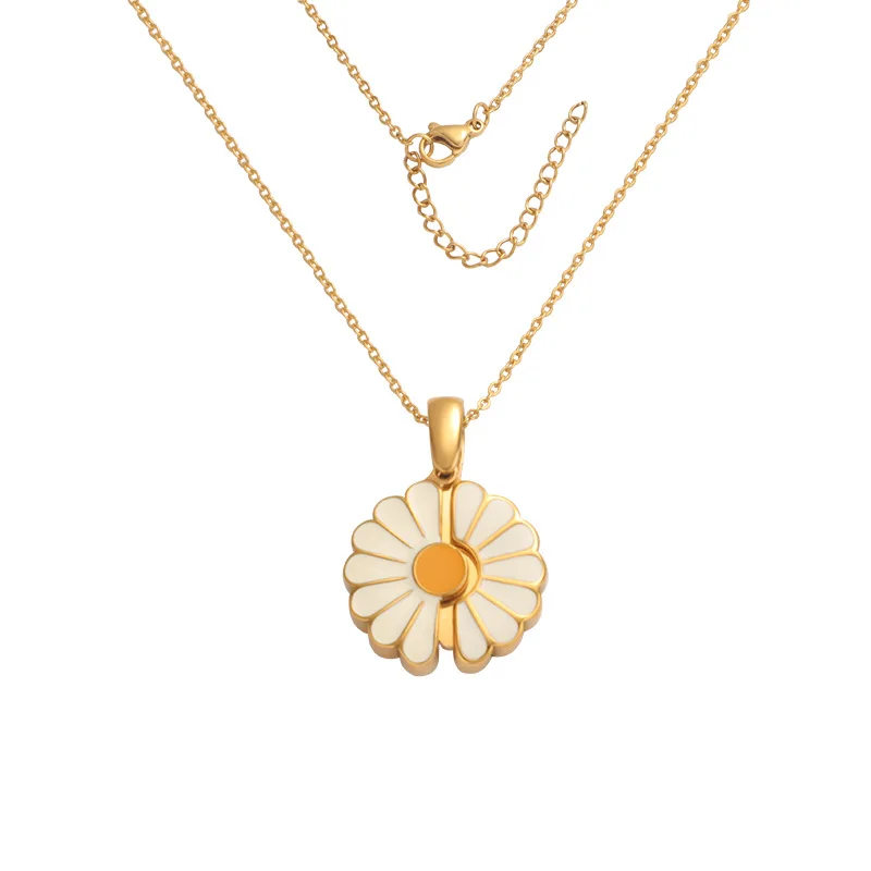 New Design Stainless Steel Enamel Flower Pendant Necklace Gold Plated 18K Sunflower Rotating Necklace Best Friend Gift Necklace