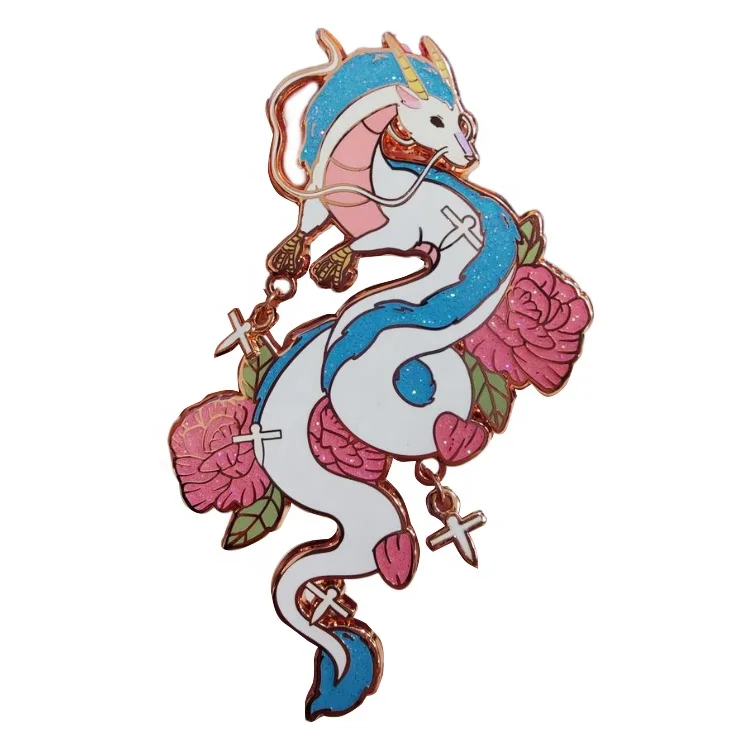 white dragon with cherry blossom logo animal pin with backing  hard enamel screen printing enamel pins ghibli