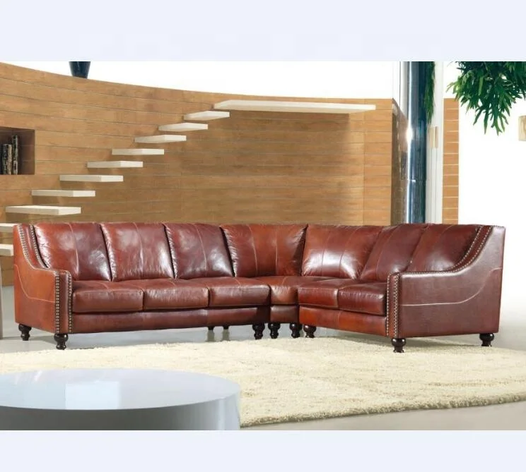 Sectional Sofa Furniture Brown Genuine Leather Retro Corner
