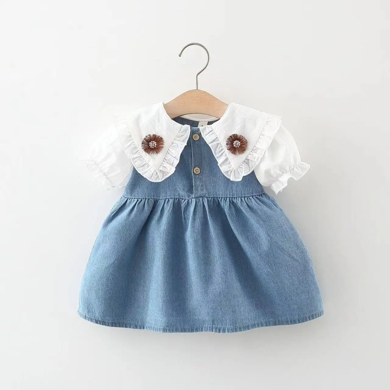1634 2024 Summer New Girls Lace Collar Denim Skirt Children Fashion Lapel Collar Princess Dress