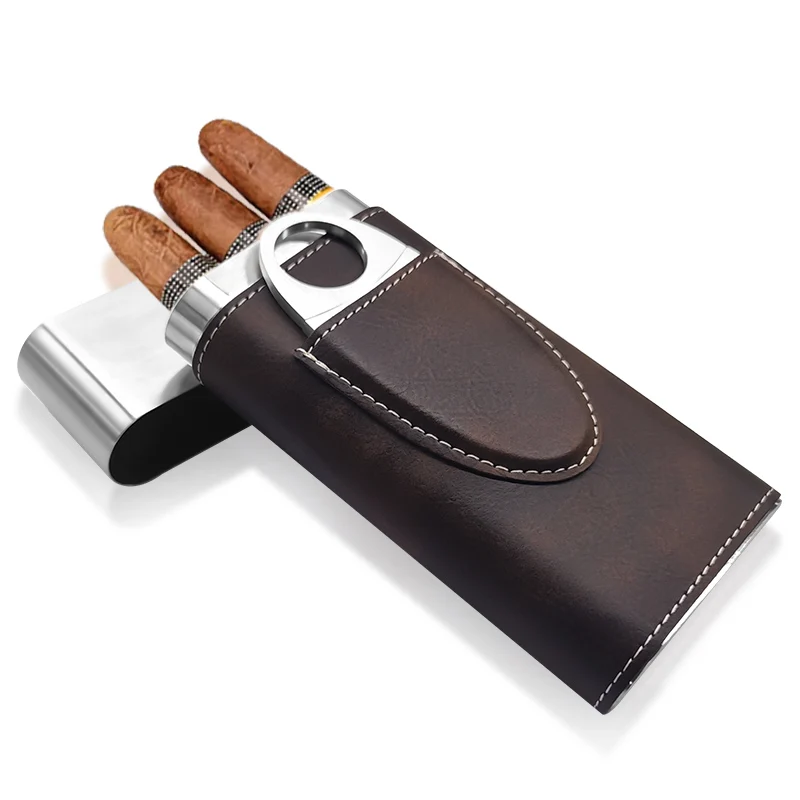 Vanace Chinese factory travel leather cigar case Travel Humidor Cabinet Luxury 3 Finger Leather Cigar Case with Cutter
