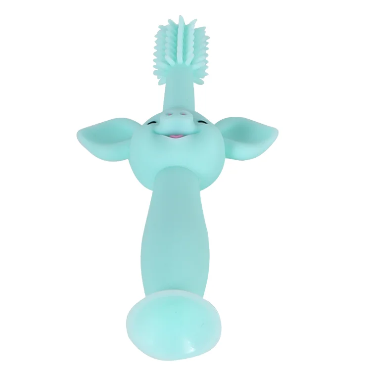 Factory With suction cup grip can be customized baby toothbrush cartoon piggy shape silicone toothbrush baby