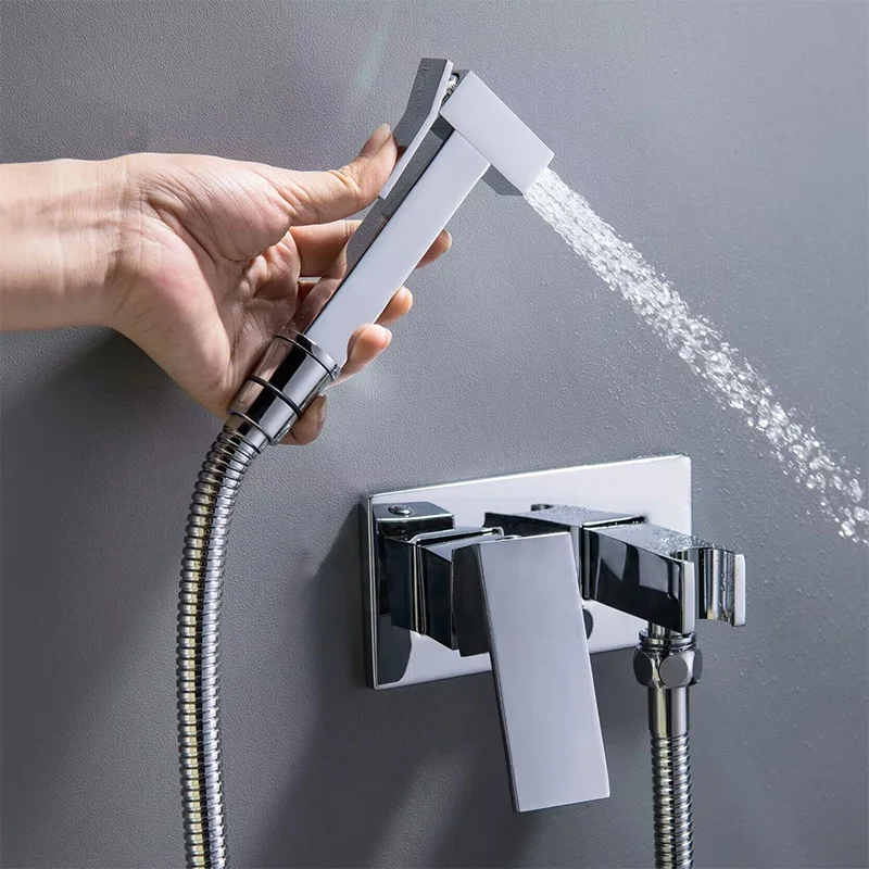 Square Shape Bathroom Brass Toilet Hot Cold Bidet Spray  Handheld Hygienic Jet  Douche Kit Muslim Shower Set Tap Shattaf Faucet