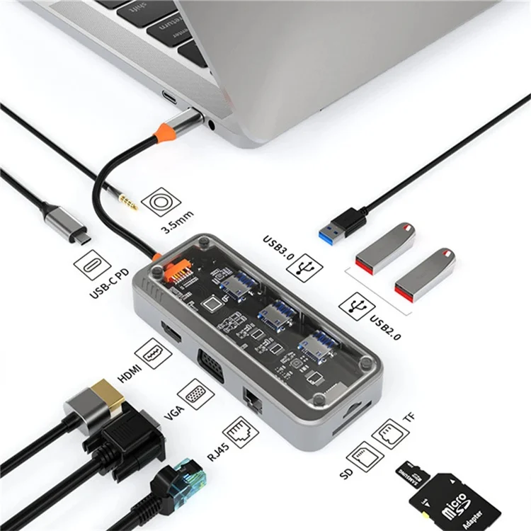 10 in 1 USB C HUB PD 100W Type C to 4K30Hz Laptop Docking Station Splitter HDTV PD 3.0 USB RJ45 VGA PD TF/SD Card Reader