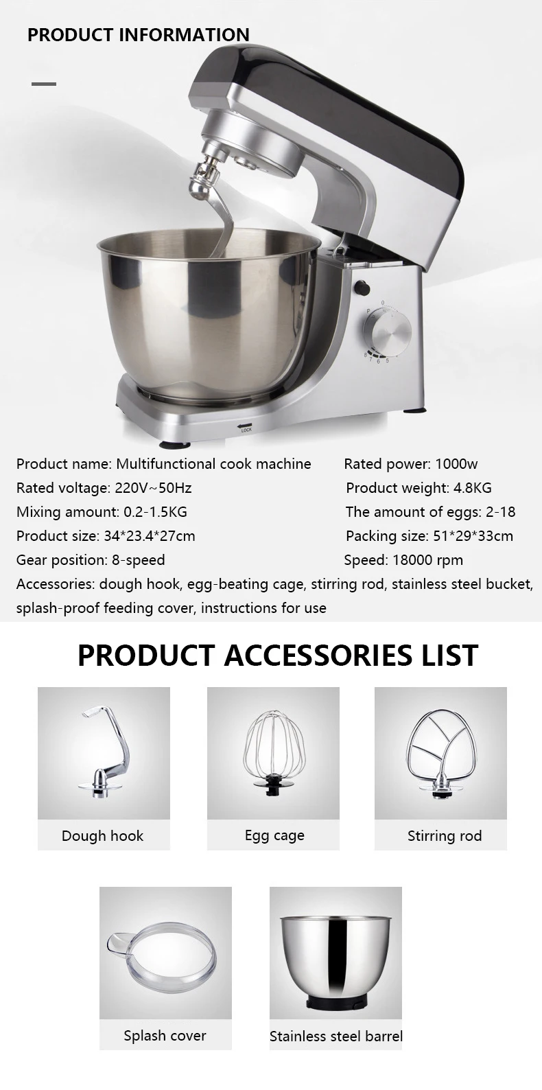 5l Multi-function Food Mixer EU spot 1000w Electric Dough Maker 8 Speed Food Mixer Kitchen